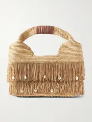 [SENSI STUDIO] SENSI STUDIO - Leather-trimmed Embellished Fringed Straw Tote - Beige - One size One size Neutrals