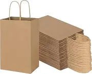 Toovip 100 Pack 5.25x3.25x8.25 Inch Small Plain Brown Kraft Paper Bags with Handles Bulk, Gift Bags for Favor Grocery Retail Party Birthday Shopping Business Goody Craft Merchandise Take Out Sacks