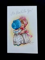 L867 1 VTG Unused Marjorie Cooper Xmas Greeting Card 2 Young Ladies Hugging