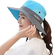 [Fordicher] Ponytail Women's Summer Sun Bucket Hats UV Protection Safari Hiking Wide Brim Beach Foldable Mesh Fishing Cap