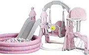 7-in-1 Kids Playground Set, Slide, Swing, Ball Pit, Water Table, Basketball Trampoline, Indoor/Outdoor (Pink)