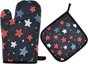 Quteprint Colorful Star Pattern Heat Resistant Oven Mitts and Pot Holders Set - 500F Thick Quilted Cotton Kitchen Gloves with Non-Slip Grip for Cooking, Baking, Grilling & BBQ