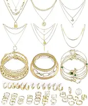 [FEYIR] Gold Jewelry Set for Women Costume Jewelry Gold Plated Necklace Bracelet Stackable Rings Earrings Pack for Women, Alloy Steel, Rhinestone
