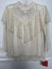Mossimo Women Top Medium Ivory 3/4 Sleeve Lace Overlay Ruffle Peasant Boho Blous