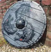 22'' Medieval Wooden Dragon Fenrir Grey Wolf Authentic Battle Worn Shield