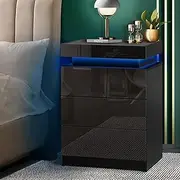 Oikiture Smart Bedside Table with 3 Drawers Black Bedside Table
