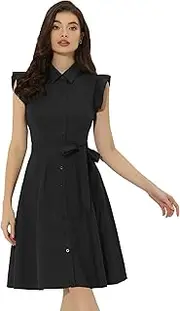 [Allegra K] Women's Work Office Ruffled Sleeve Button Closure Belted Cotton Midi Shirt Dress