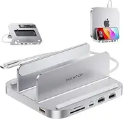 PULWTOP Mac Mini Hub Stand with M.2 PCIe NVMe SSD Enclosure, 8-in-1 Vertical Mac Mini Dock with USB A/C 3.2 10Gbps, 2 x USB A 2.0, SD/TF Card Reader, 3.5mm Audio/Mic Jack for 2018 Later Mac Mini M2/M1