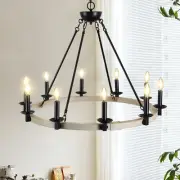Rustic Farmhouse 10-Light Candle Chandelier, E12 Bulb Base (No Bulbs)
