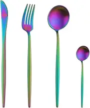 [Buyer Star] Cutlery Set for 4, 16-Piece Stainless Steel Flatware Set, Tableware Silverware Set with Spoon Knife and Fork Set, Titanium Plated Utensil Set - Matte & Dishwasher Safe (Rainbow)
