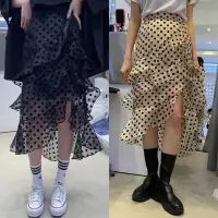 在飛比找Yahoo!奇摩拍賣優惠-韓版 ��高腰荷葉不規則點點網紗裙