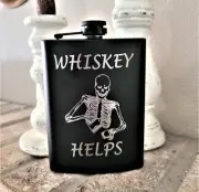 Liquor Hip Pocket Flask and Funnel, Engraved Funny Skeleton Art Drinking Gift