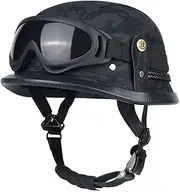 German Style Motorcycle Retro Half Helmet Leather Open Face Helmet Men & Women Motorcycle Jet Pilot Half Shell Helmet + Goggles for Street Cruiser Scooter Moped DOT Approved