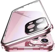 HENGHUI Lockable iPhone 15 Magnetic Glass Case with Camera Lens Protector Screen Protector Safety Lock 360 Full Body Bumper Clear Cover (Pink, iPhone 15)