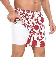 [GuoChe] Mens Swim Shorts Mens 2In1 Running Shorts Valentine's Day Floral Ornamental Red with Pockets and Compression Liner, Valentine's Day Floral Ornamental Red, Small