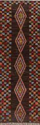 Dark Brown Plush Wool Moroccan Runner Rug 3'x9' Hand-knotted Oriental Carpet