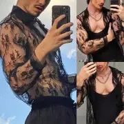 Fashionable Long Sleeve Mesh Top for Men Clubwear Party Dress Tee Blouse