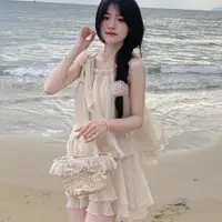 在飛比找蝦皮商城優惠-韓版旅行海邊度假時尚套裝女裝高級設計寬鬆褶皺抽繩無袖上衣+高
