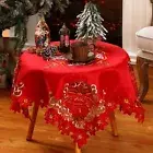Christmas Small Tablecloth Red Poinsettia Embroidered 34" Square Cover
