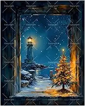 Lighthouse Christmas Eve Paint by Numbers Kit for Adults - DIY Holiday Tree and Lighthouse by Sea Painting on Canvas 16x20In, Acrylic Paint Set for Beginners,Art for Home Decoration or Gifts