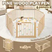 Kidbot Baby Playpen 6 Panel Kids Wooden Safety Gate Pet Dog Fence Activity Centre Play Pen Yard Foldable Travel Guard