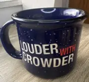 Louder W/ Crowder Mug Hand Etched Cobalt Blue Speckled White Red Letters Retired