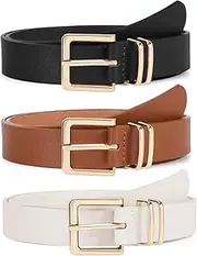 [Vonmelli] 3 PACK Women Leather Belts for Jeans Pants Dresses Fashion Ladies Waist Belt with Gold Square Buckle