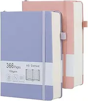 Thick Bullet Dotted Journal 2 Pack with 366 Numbered Pages, A5 Journal with 100GSM Dot Grid Paper, Hardcover Leather Notebooks for Women Men School Note Taking Office Work Diary, 5.7"x8.3"LavenderPink