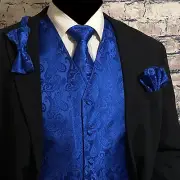 ROYAL BLUE Paisley Tuxedo Dress Vest Waistcoat & Neck tie & Bowtie & Hanky SET