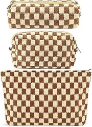 ZLFSRQ 3Pcs Checkered Makeup Bag for Women Large Small Checkered Cosmetic Bag Set Cute Aesthetic Brown Makeup Pouch for Purse Travel Toiletry Bags Preppy Pencil Bags Zipper Skincare Storage Organizer
