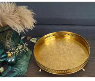 費靈家居進口黃銅歐式復古圓形雕花手工托盤 茶盤收納盤奢華裝飾