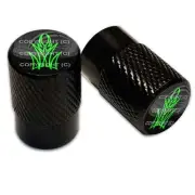 2 Black Billet Aluminum Knurled Tire Valve Caps - Pin Stripe GRN