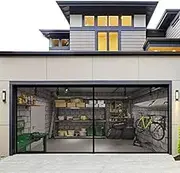 Fiberglass Magnetic Garage Screen Door - Double 16x7ft (2 car) Hands Free Mesh Screen Door，DIY Retractable Garage Door Screen with 4 Roll Up Starps，Easy to Install