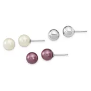 Sterling Silver Rh-Pl 8-9mm Plum/Wht Imitat Shell Pearl Post 3 Earring Set