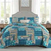 Teal Blue Patchwork Quilted Bedspread Set - Geometric Coverlet Ensemble (3Pcs)