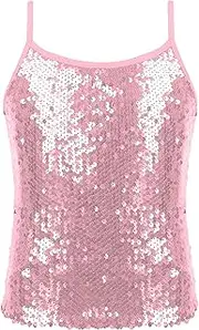 [Jhaoyu] Kids Girls Shiny Sequins Sleeveless Tank Top Camisole Shirts Spaghetti Straps Dance Top for Stage Performance