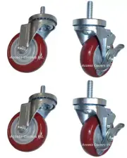 4DPM12-SET 4 Inch Threaded Stem Caster Set Maroon Polyurethane Wheels, Set of 4