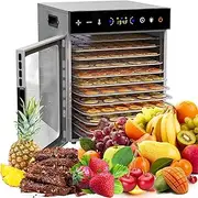 Stainless Steel Dehydrator Food Dryer, 8/10/12 Tray Food Dehydrator Fruit Dryer, 30-90℃ Temp Control & Digital Timer, 1000W Jerky Dehydrator Meat Dryer for Fruits, Jerky, Dog Treats, Mushroom