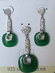 New 925 STERLING SILVER SET Women's EARRINGS & PENDANT GENUINE JADE + CZ STONES