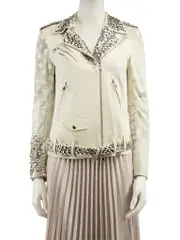 Ecru Leather Safety Pin Stud Biker Jacket
