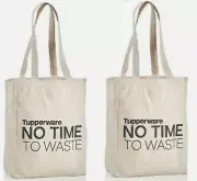 2 x Tupperware Canvas Grocery Shopping Bags ~ 14" X 11"X 5" "No Time to Waste"
