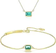 [Gdirection] 925 Sterling Silver Simulated Emerald Tiny Pendant Necklace and Bracelet for Women, Emerald Cut Nano Green Gemstone 18K Gold Plated Costume Jewelry Set with Gift Box, nano substances,