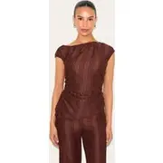 Petite Chocolate Asymmetric Textured Off Shoulder Top, Chocolate