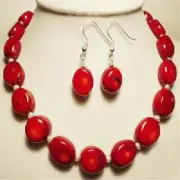 Handmade natural red coral shell pearl necklace earring set Unisex Cross