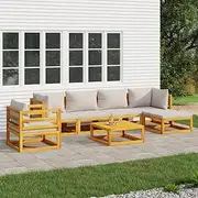 7 Piece Garden Lounge Set with Light Grey Cushions | Solid Acacia Wood Patio Outdoor Furniture, Modular Design for Balcony & Porch, Durable Conversation Set with Garden Chair, Table &
