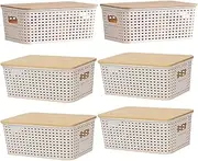 Jeruytgh P lastic Storage Bin with Bam boo Lid, Basket Box Containers, Stackable Decorative Storage, Enhanced Air Flow, PP Material, 6 Pieces, for Classroom Desktop Shelves Drawers