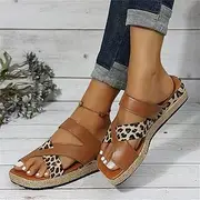 [SWTKO] Women's Bunion Correction Sandals Summer Leopard Print Clip Toe Wedge Sandals Orthopedic Sandals Roman Beach Shoes Casual Flip Flops,Brown,US5/EU36