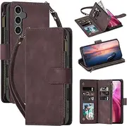for Samsung Galaxy A35 5G Wallet Case,for Galaxy A35 5G Case,Boyobacase PU Leather Wallet Flip Cover Stand Feature[ 6 Card Slots and 1 Zipper Coin Pocket] with Wrist Strap-Dark Brown