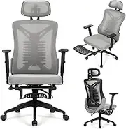Ergonomic Office Chair with Adjustable headrest and armrests, with a footrest, mesh Computer Chair with Lumbar Support, Swivel Chair for Home, Office, Study and Games (Gray)