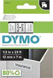 DYMO Standard D1 Labeling Tape for LabelManager Label Makers, Black Print on White Tape, 1/2'' W x 23' L, 1 Cartridge (45013)